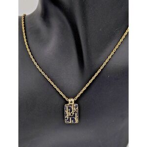 Christian Dior Vintage Monogram Oblique Pendant Necklace Gold Tone Blue Logo